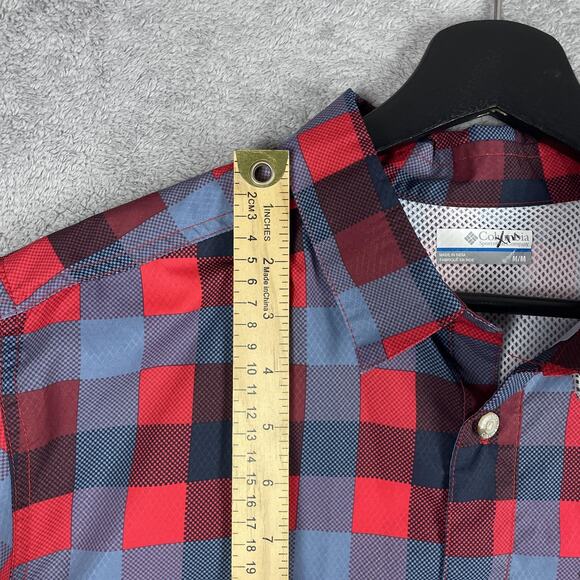Columbia PFG Shirt Mens Medium Red Blue Plaid Short Sleeve Omni-Shade Fishing - Picture 10 of 13